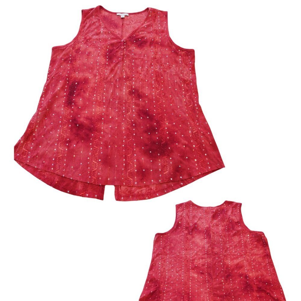 NWOT  Dress Barn Boho Sleeveless Tank Top Red Sequins Henley Tie Dye